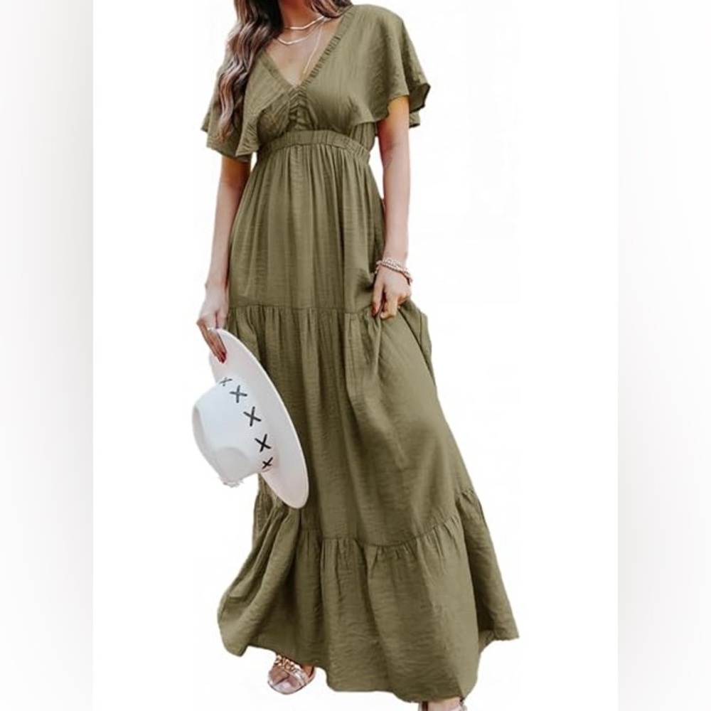 Boho Olive Green Maxi Dress, size Large
